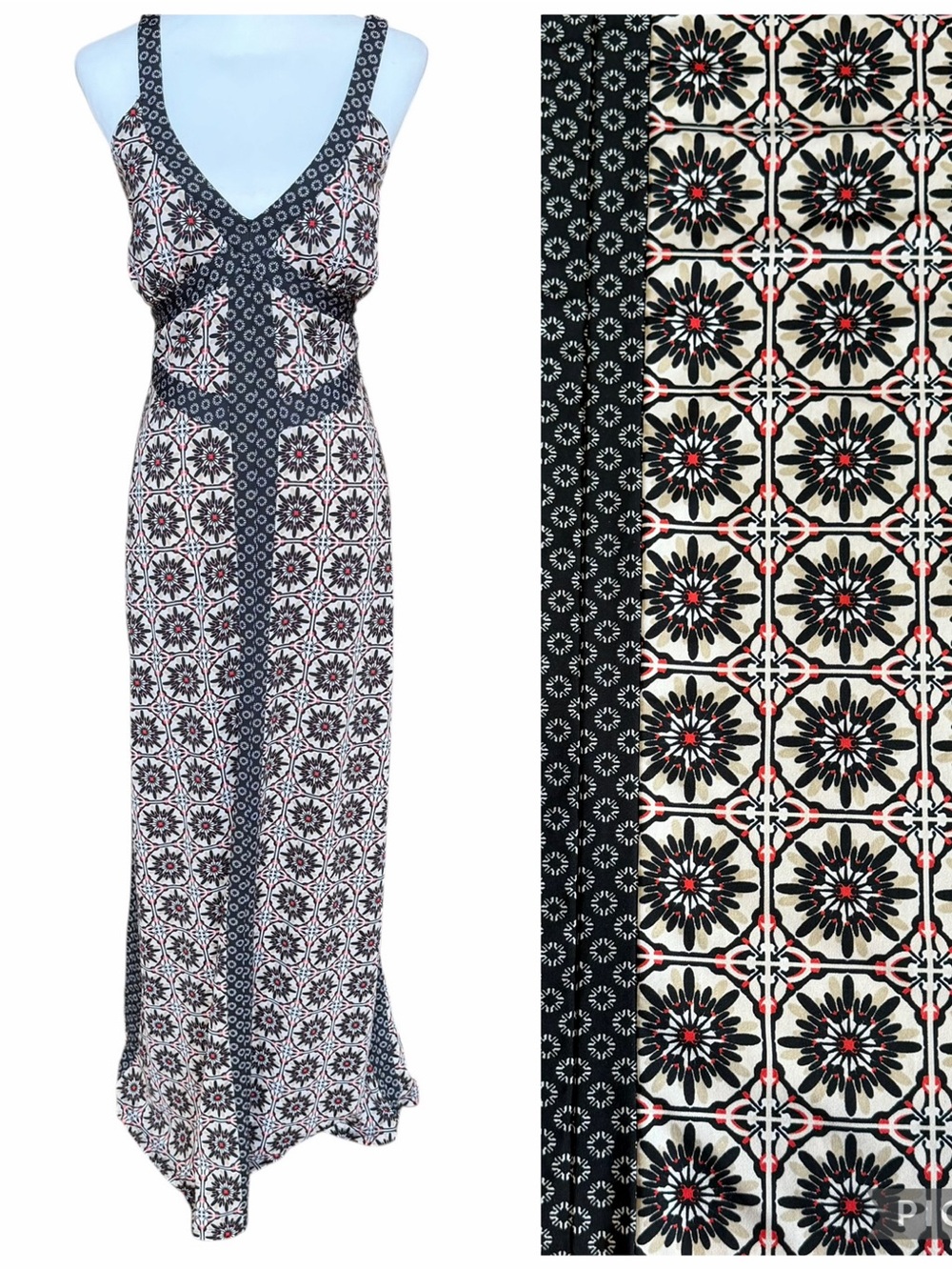 INC Maxi Dress Size Large Black Red  Geometric Print V Neck Criss Cross Stretch